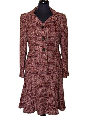 2 Pc. Le Suit Petite Tweed Wine & Sage Jacket & Skirt Suit Set Women's Size 6P